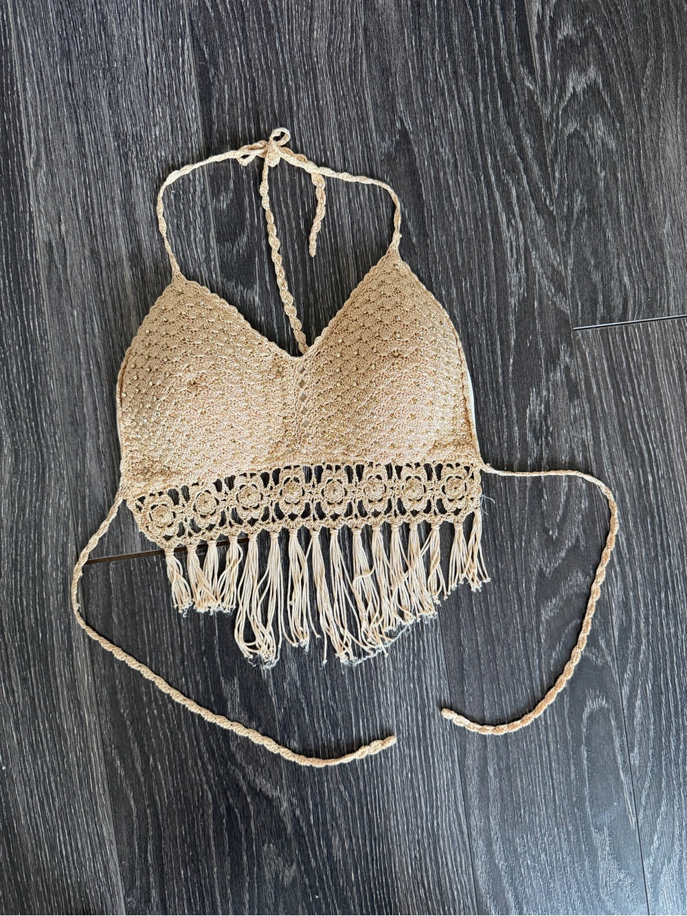 Beige Crochet Fringe Halter Bralette
